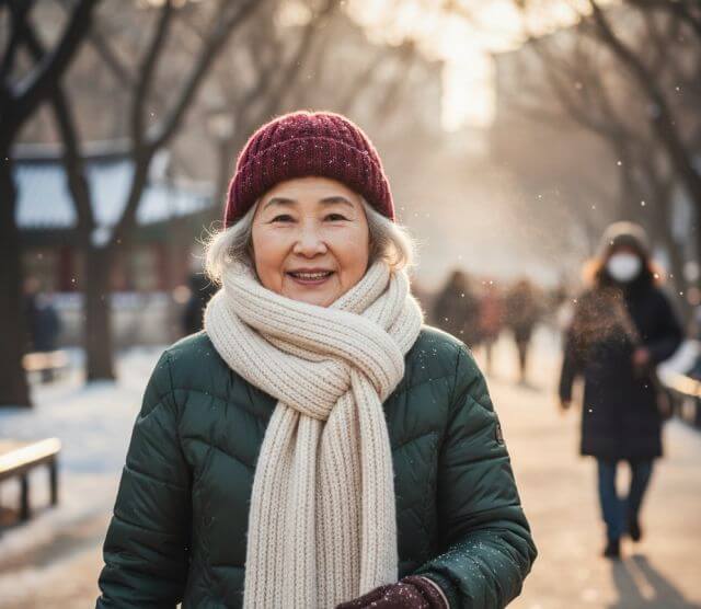 뇌졸중 전조증상, 겨울철 찬바람을 막기 위해 목도리를 한 고령자의 이미지