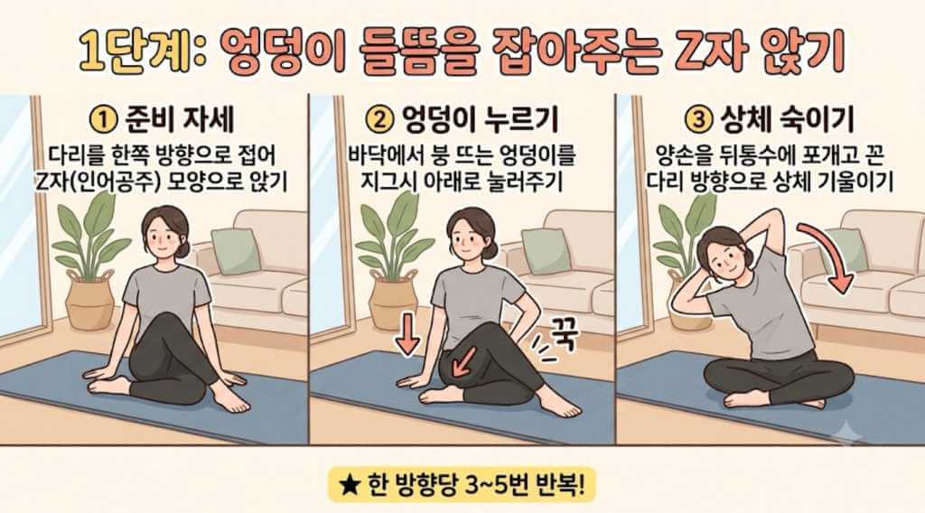 골반 교정 스트레칭 첫 번째 단계, 엉덩이 들뜸을 잡아주는 Z자 앉기