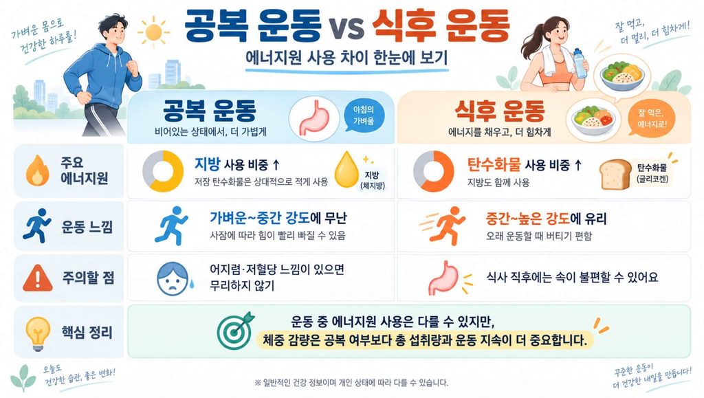 아침 공복 운동과 식후 운동 비교 이미지