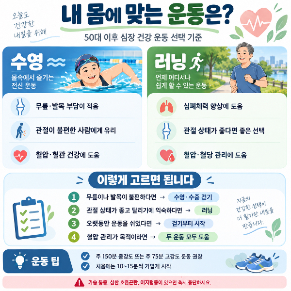 50대 이후 심장 건강 운동, 수영과 러닝 중 무엇이 나을까?
