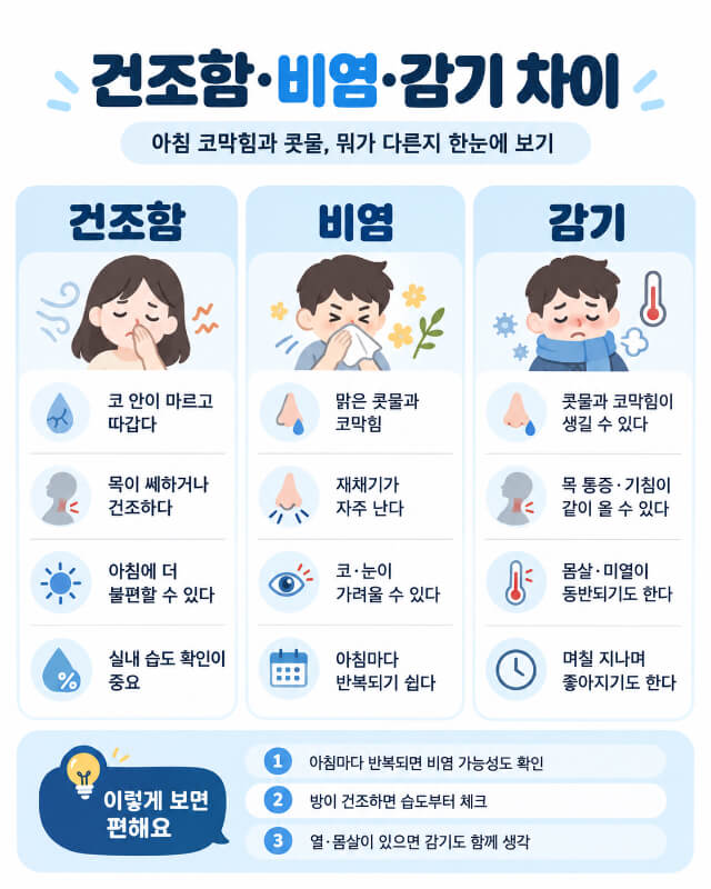 자고 일어나면 코가 꽉 막히고 콧물이 쏟아진다, 건조해서일까 비염일까?
